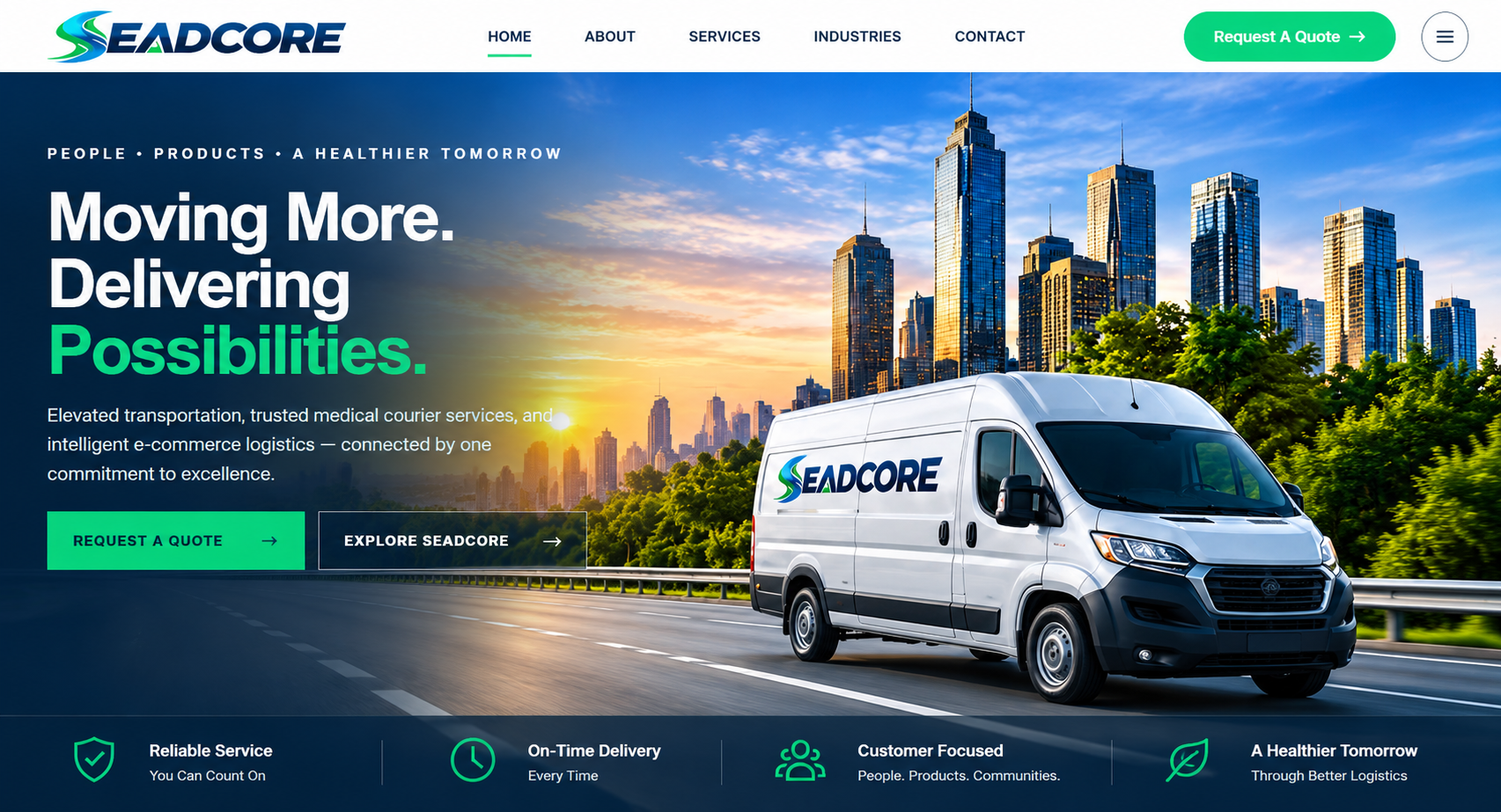 SEADCORE premium logistics hero featuring the complete branded van on the highway, navigation and service commitments